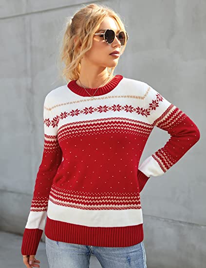 Women Ugly Christmas Red Snowflakes Holiday Knit Sweater