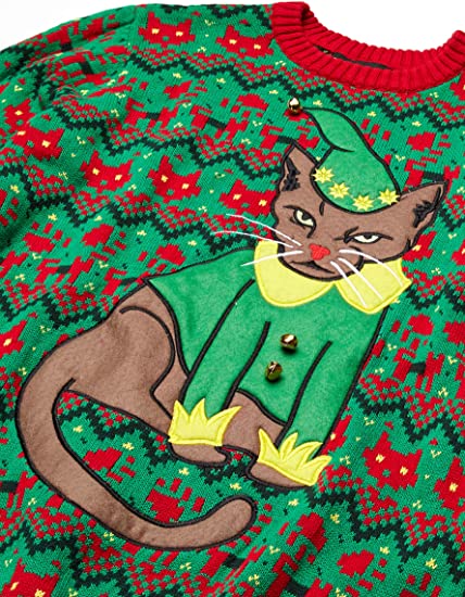 Green Hat Ugly Christmas Sweater Cat