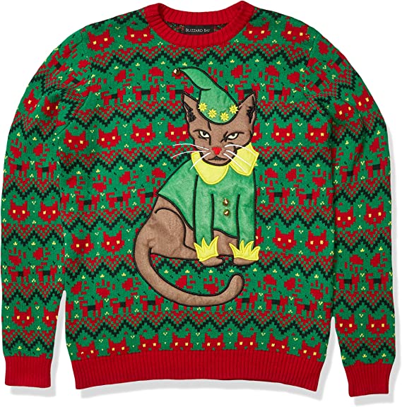 Green Hat Ugly Christmas Sweater Cat