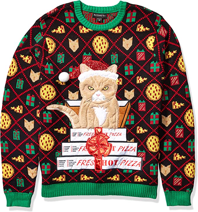 Fresh Hot Pizza Ugly Christmas Sweater Cat
