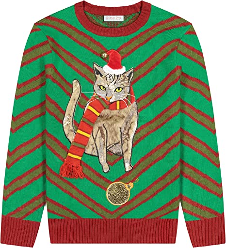 Cat Wears Red Scarf Ugly Christmas Sweater