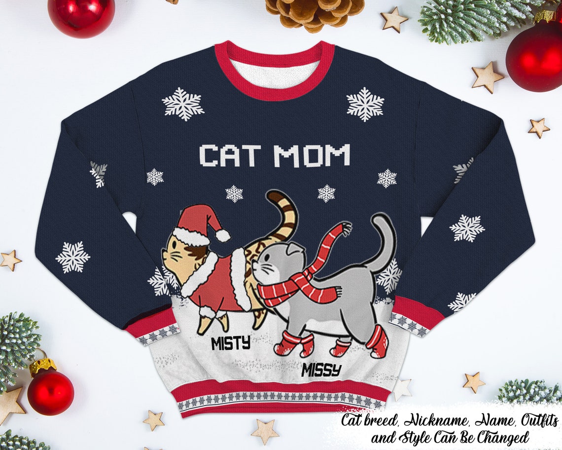 Personalized Ugly Christmas Sweater Cat Mom