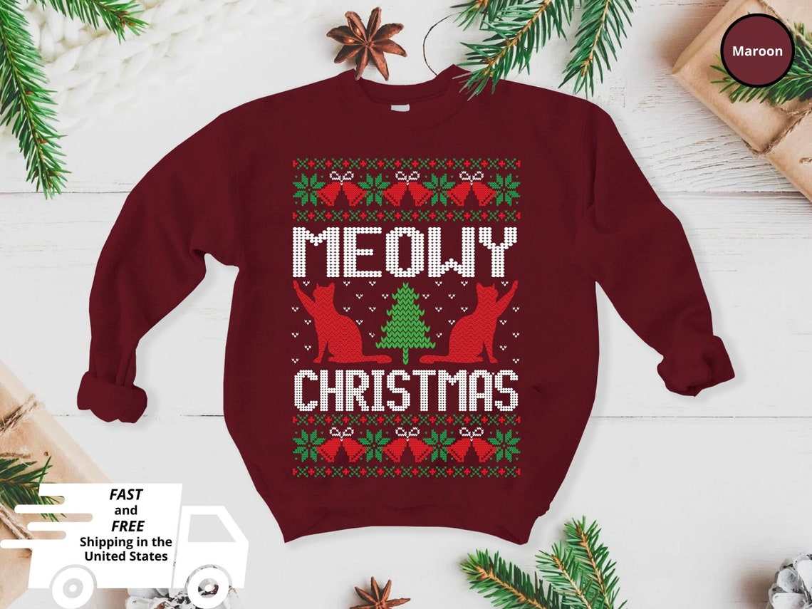 Meowy Christmas, Retro Ugly Christmas Sweater