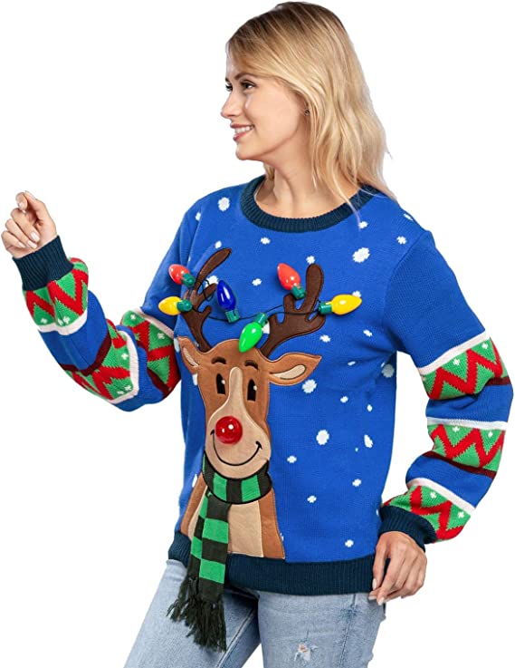 Blue LED Light Up Reindeer Ugly Christmas Sweater