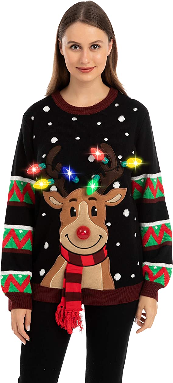 Womens LED Light Up Reindeer Ugly Christmas Sweater