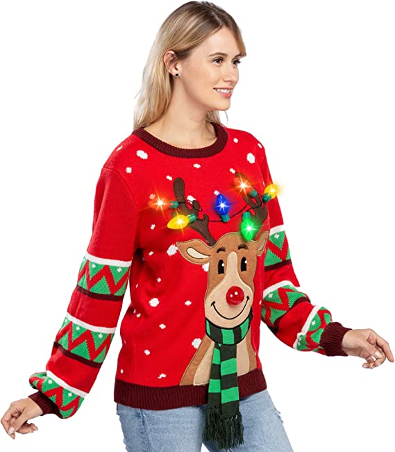 Red LED Light Up Reindeer Ugly Christmas Sweater