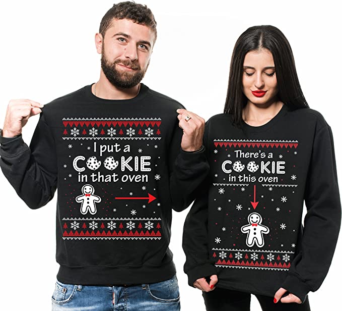 Couple Matching Sweaters Christmas Cookies Oven
