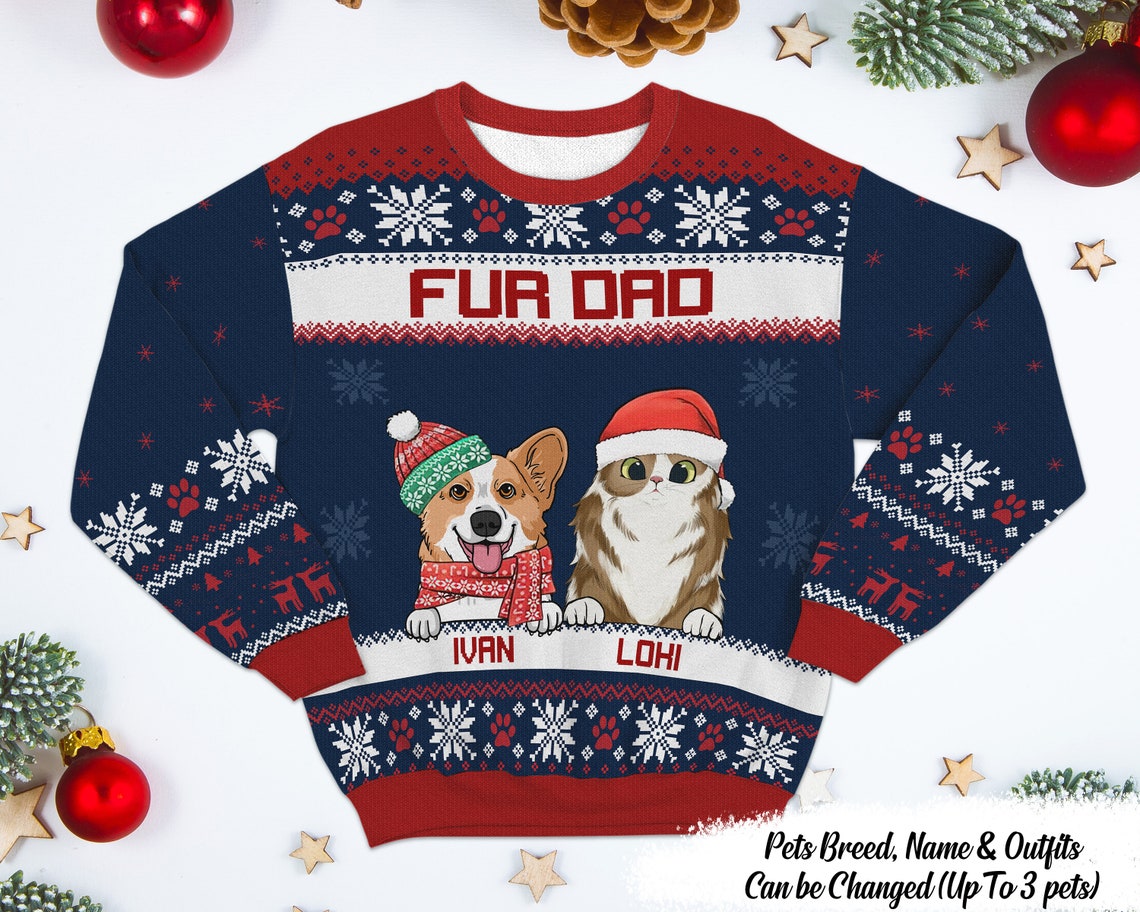 Personalized Fur Dad Ugly Christmas Sweater
