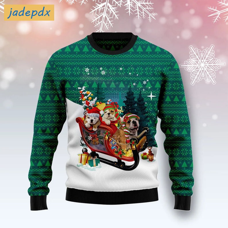 Funny Bulldog Sleigh Ugly Christmas Sweater For Dog Lovers
