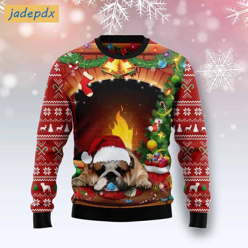 Sleeping Bulldog Fireplace Christmas Tree Ugly Sweater