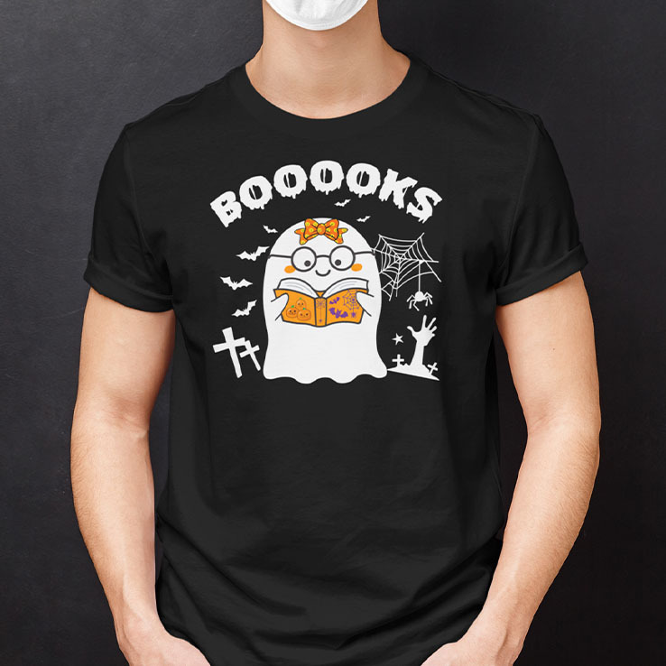 Booooks Cute Ghost Reading Library Books Halloween Teacher Shirt