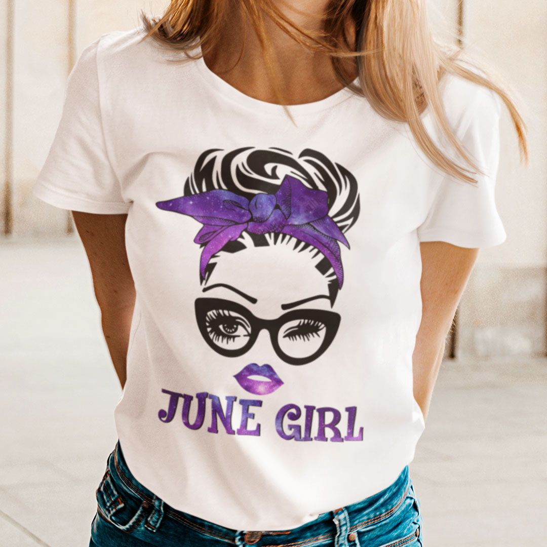 June Birthday Girl T Shirt Black Glasses Purple Headband