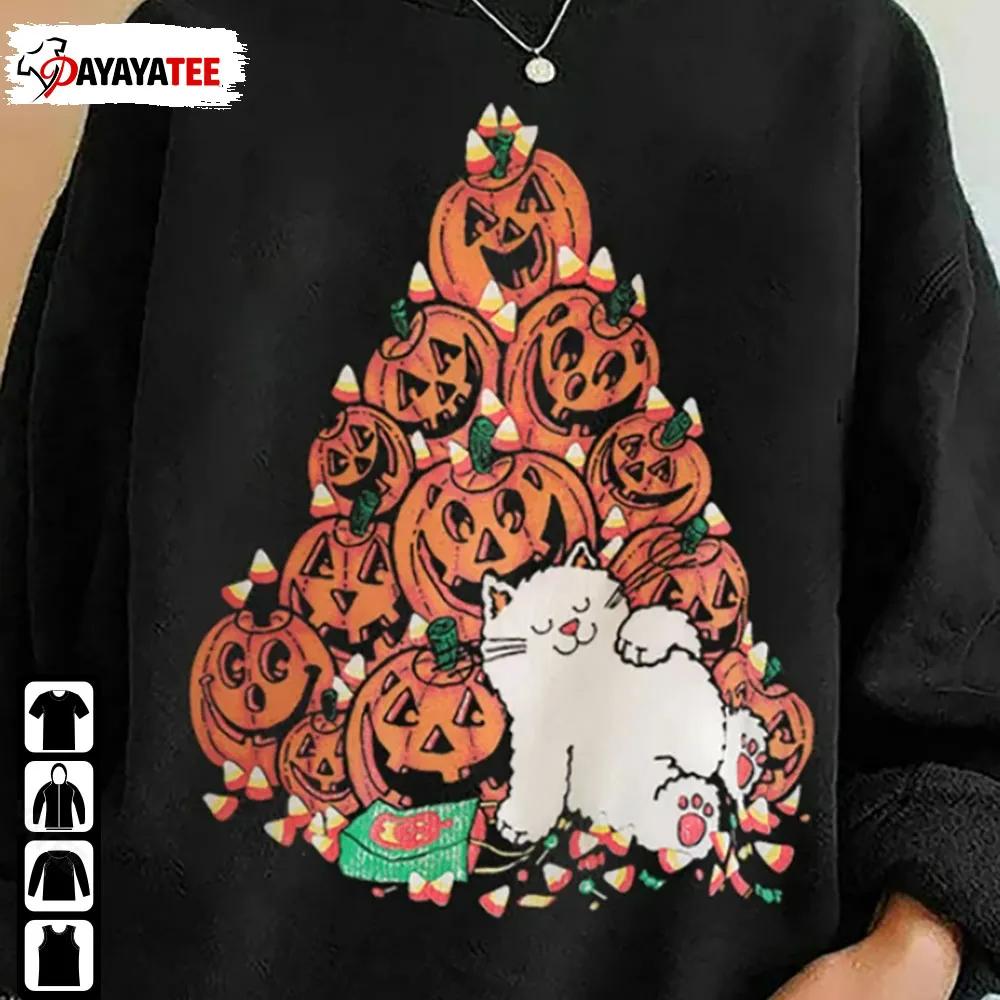 Retro Cat Pumpkin Halloween Shirt Jack O Lanter Unisex Merch Gift - Ingenious Gifts Your Whole Family
