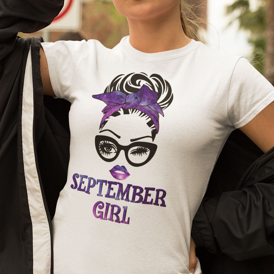 September Birthday Girl T Shirt Black Glasses Purple Headband