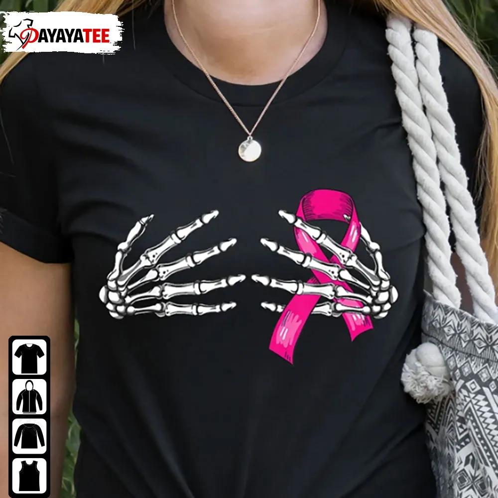 Skeleton Hand On Breast Cancer Shirt Pink Ribbon Halloween Cancer Awareness - Ingenious Gifts Your Whole Family
