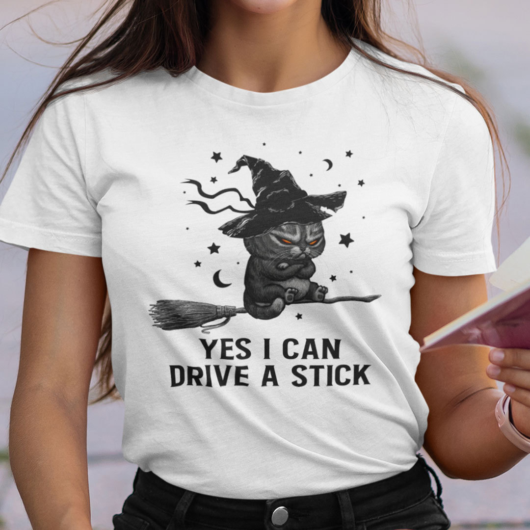 Yes I Can Drive A Stick Shirt Cat Witch Halloween