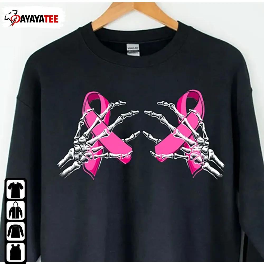 Halloween Cancer Shirt Boob Skeleton Hand On Breast Cancer Ribbon - Ingenious Gifts Your Whole Family