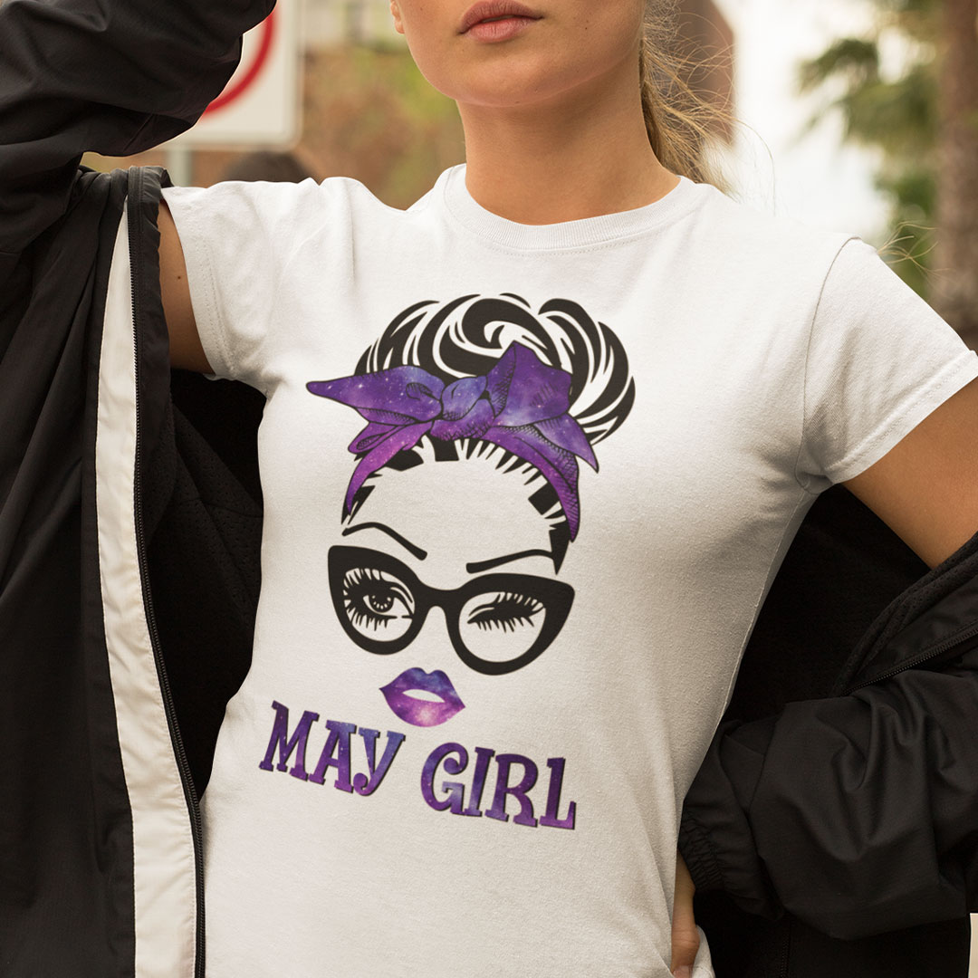 May Birthday Girl T Shirt Black Glasses Purple Headband