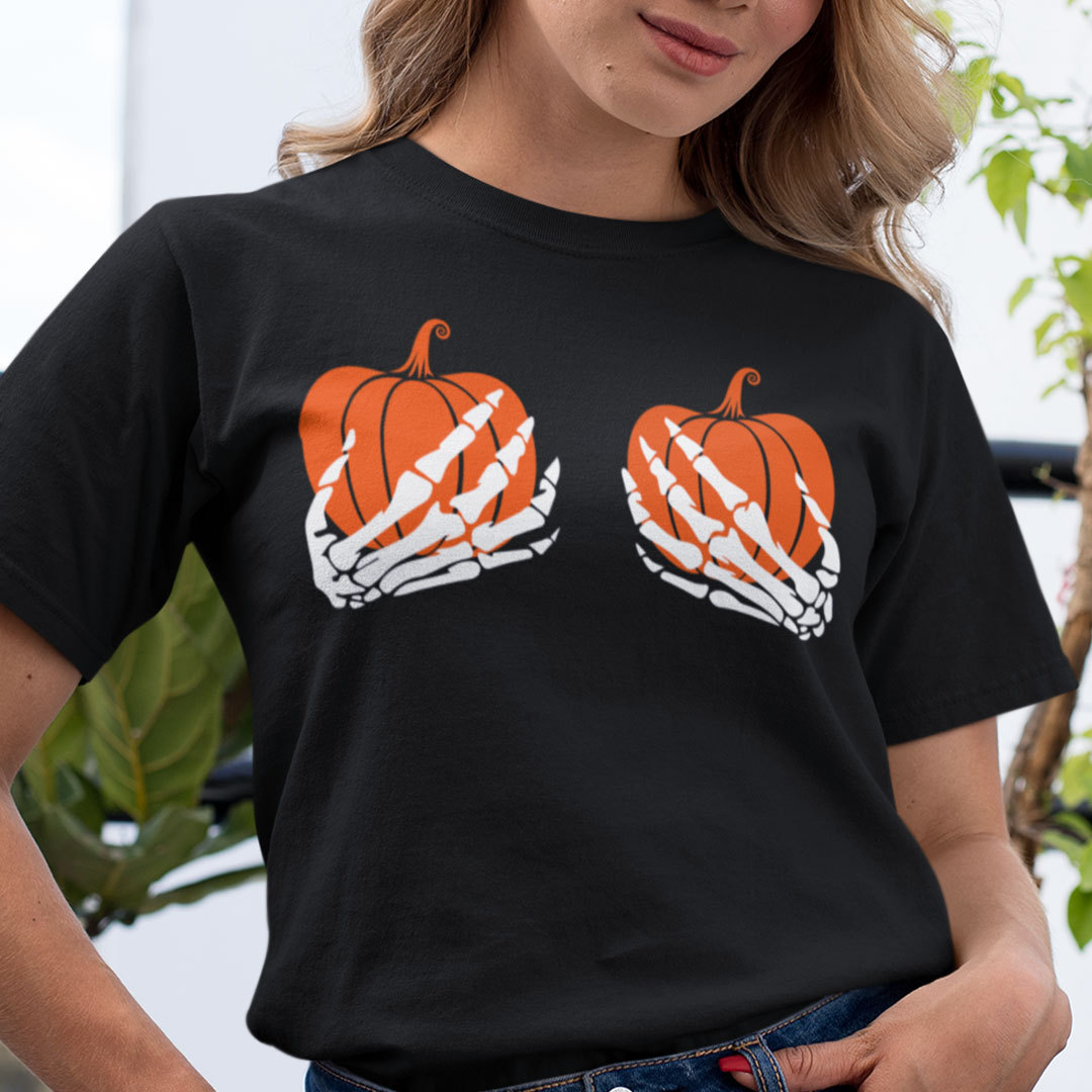 Halloween T Shirt Skeleton Hand Pumpkin