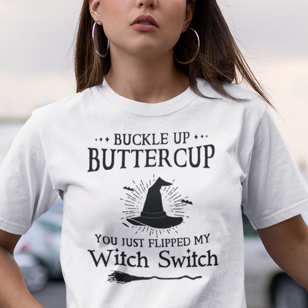 Halloween Shirt Buckle Up ButterCup Witch Switch Broom