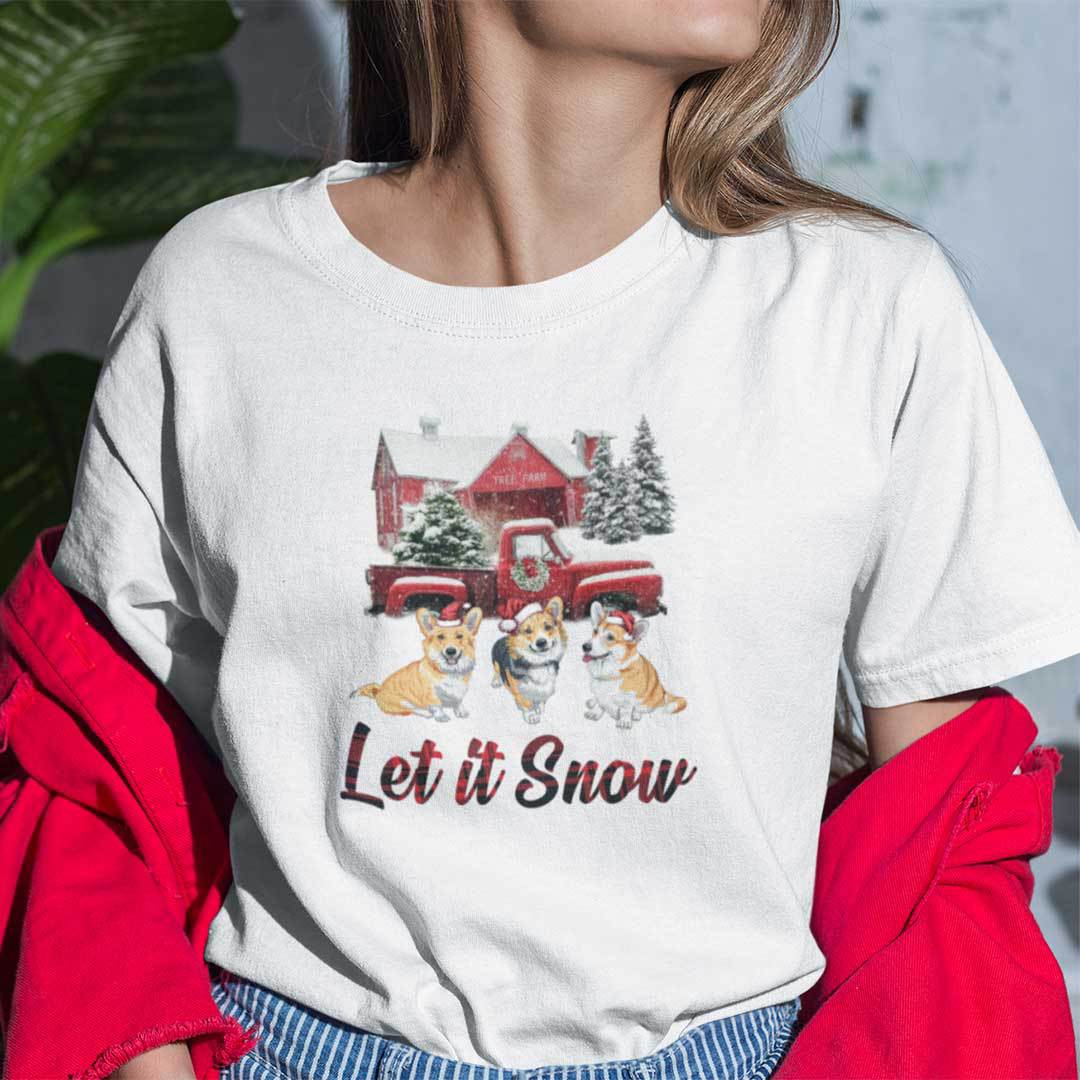 Let It Snow Corgi Dog Christmas T Shirt 100% Cotton