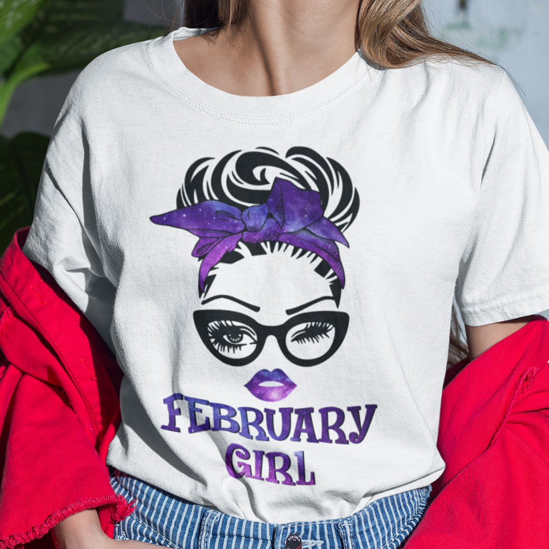 February Birthday Girl T Shirt Black Glasses Purple Headband