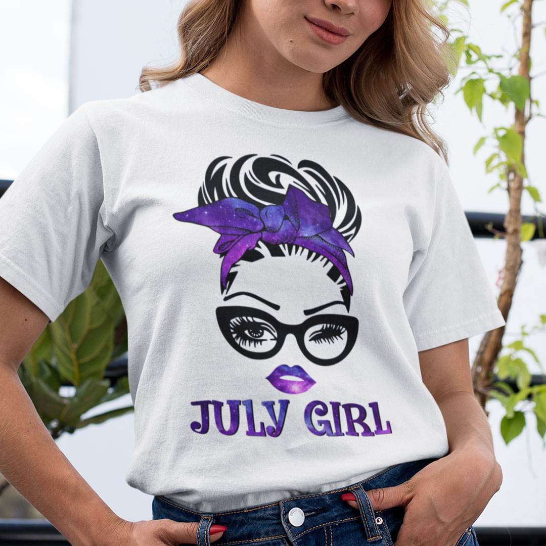 July Birthday Girl T Shirt Black Glasses Purple Headband