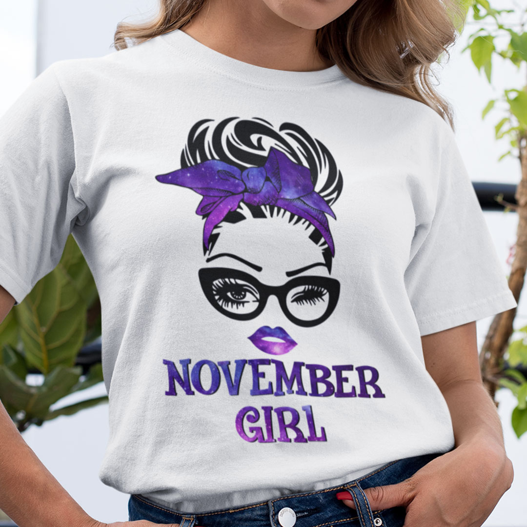 November Birthday Girl T Shirt Black Glasses Purple Headband
