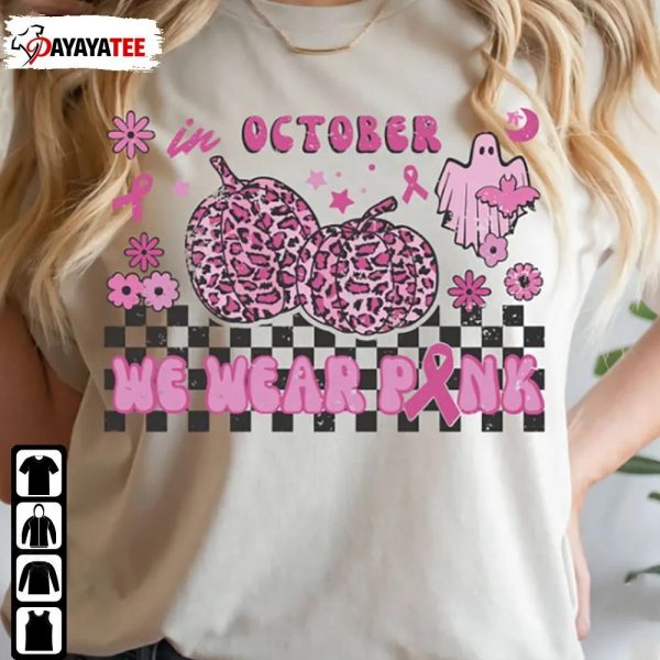 In October We Wear Pink Breast Cancer Pink Leopard Pumpkin Halloween Shirt - Ingenious Gifts Your Whole Family