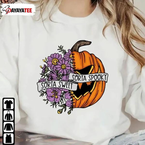 Halloween Sorta Sweet Sorta Spooky Shirt Floral Scary Pumpkin Face Sweatshirt - Ingenious Gifts Your Whole Family