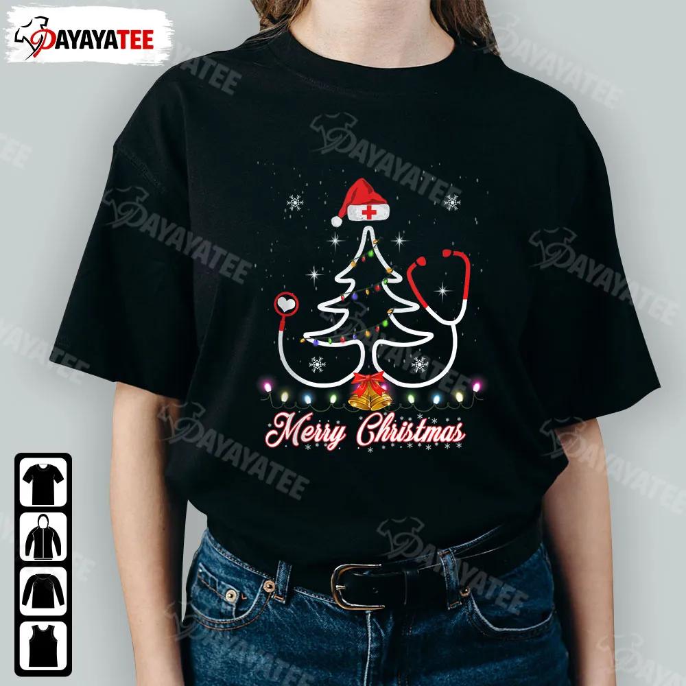 Merry Christmas Nurse Tree Shirt Tee Yuletide Practitioners Santa Hat Bell White Snow With Lights - Ingenious Gifts Your Whole Family