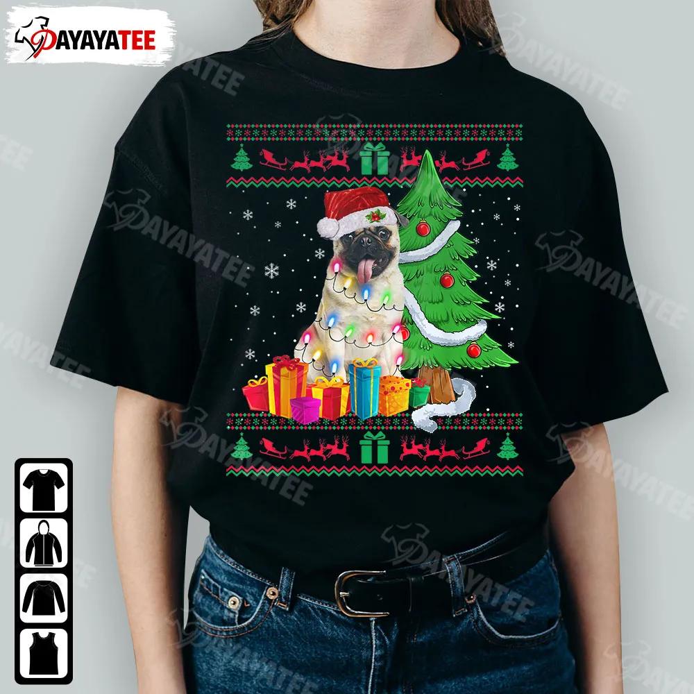 Pug Christmas Lights Tree Shirt Funny Pug Santa Hat Christmas Tree Colorful Gift Box - Ingenious Gifts Your Whole Family