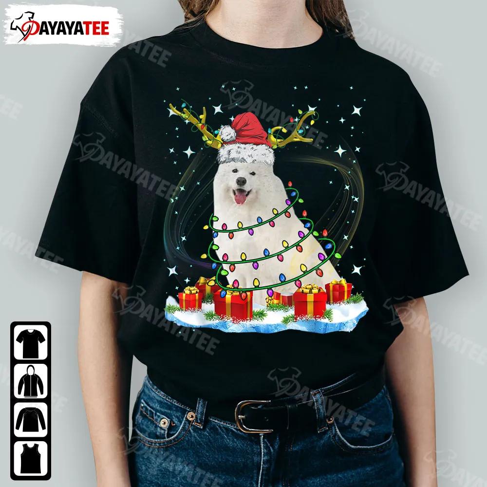 Santa Samoyed Reindeer Light Christmas Shirt Funny Dog Wearing Santa Hat And Gift - Ingenious Gifts Your Whole Family