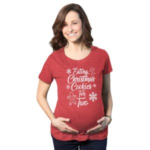 Christmas Maternity Shirt, Pregnant Xmas Shirt, Red Festive Shirts, Pregnancy Tops With Ruching, Eating Christmas Cookies For Two Maternity