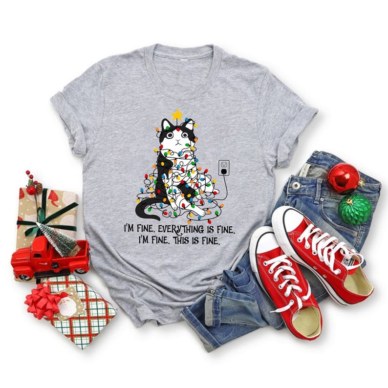 Funny Cat Christmas Shirt, Everything Is Fine Christmas Shirt, Christmas Lights Cat Shirt, Cat Lover Shirt