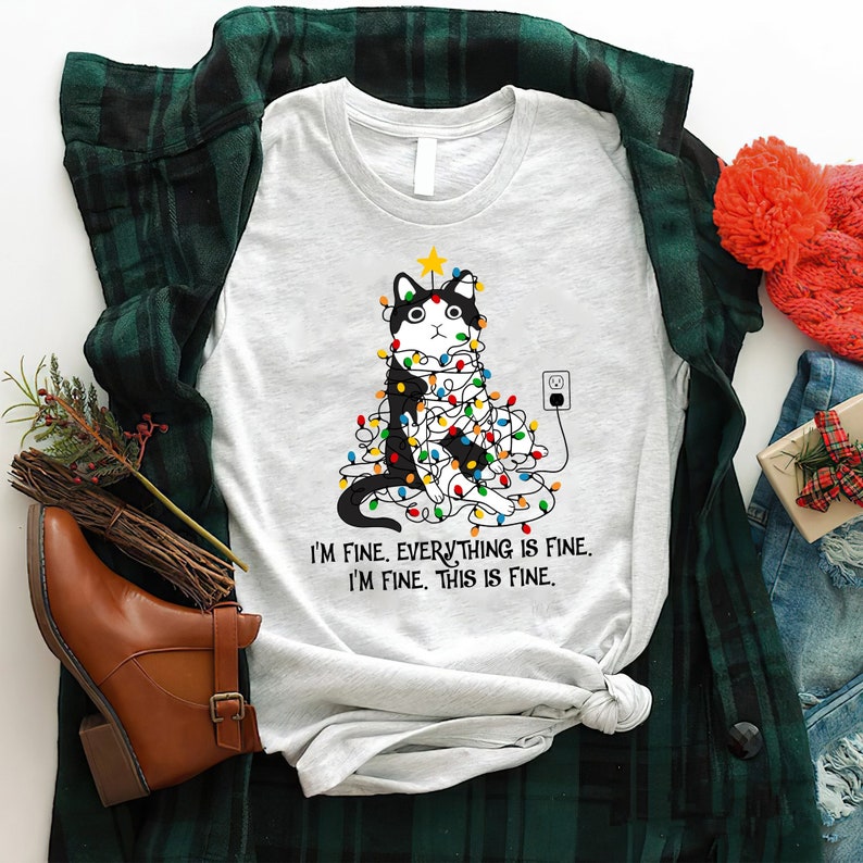 Funny Cat Christmas Shirt, Everything Is Fine Christmas Shirt, Christmas Lights Cat Shirt, Cat Lover Shirt