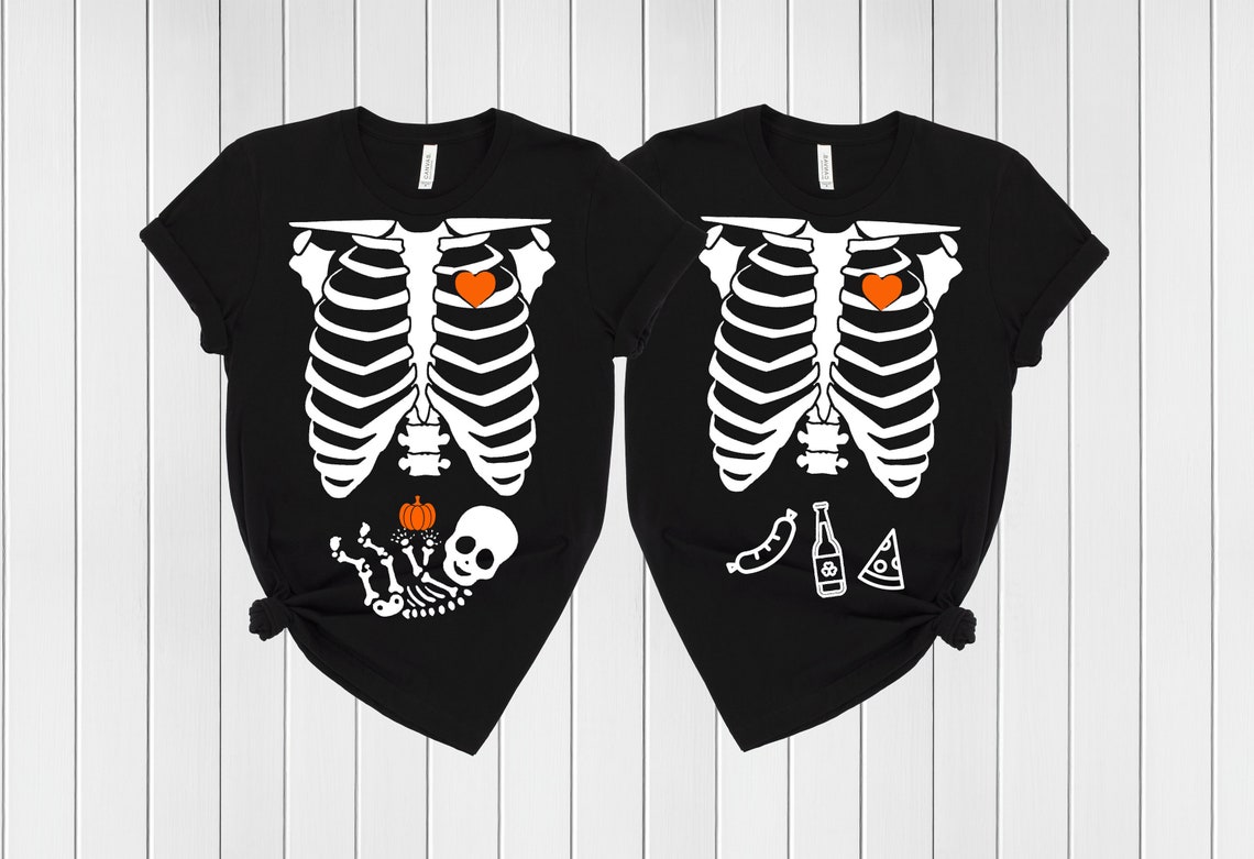 Halloween Skeleton Maternity Couples Shirt, Pregnant Skeleton Matching Shirt, Pregnancy Announcement Shirt, Halloween Pregnancy Shirt