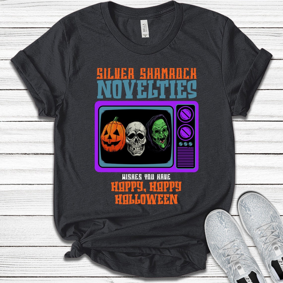 Happy Halloween Shirt, Silver Shamrock Novelties wishes you a Very Shirt, skeleton with Pumpkin, witch Shirt, Horror Halloween