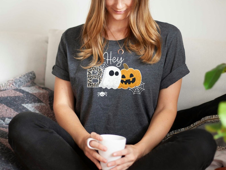 Hey Boo Halloween Shirt for Women, Cute Halloween T-Shirts for Women, Cute Teacher Halloween T-Shirts, Mom Halloween T-Shirts
