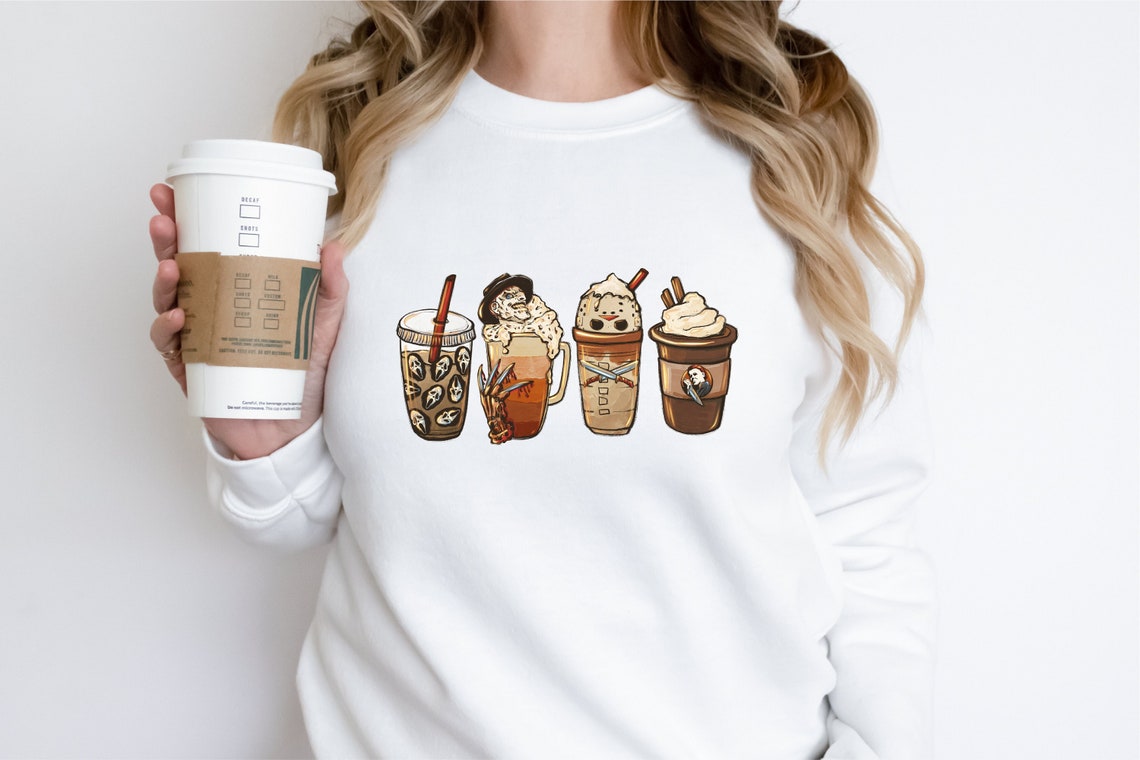 Horror Coffee Latte Sweatshirt, Iced Coffee Sweatshirt, Halloween Pumpkin Latte Drink Cup Tee, Nightmare Sweater, Pumpkin Spice Sweatshirt