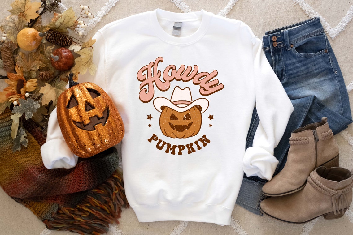Howdy Pumpkin Western Halloween Sweatshirt, Cute Women's Western Halloween Tee, Retro Halloween Shirt, Country Cowgirl Halloween Shirt