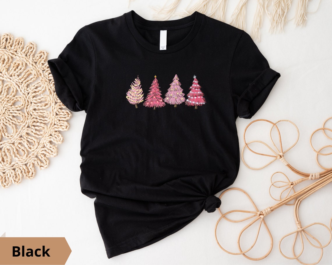 Ladies Merry Christmas Shirt,Women Christmas Shirt,Cute Christmas Shirt,Women Holiday Shirt,Pink Print Christmas Tree Shirt,Christmas Lights