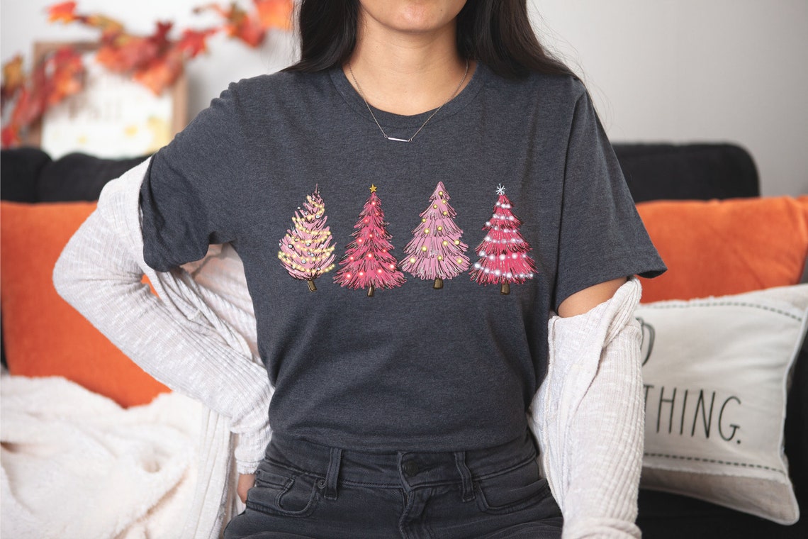 Ladies Merry Christmas Shirt,Women Christmas Shirt,Cute Christmas Shirt,Women Holiday Shirt,Pink Print Christmas Tree Shirt,Christmas Lights