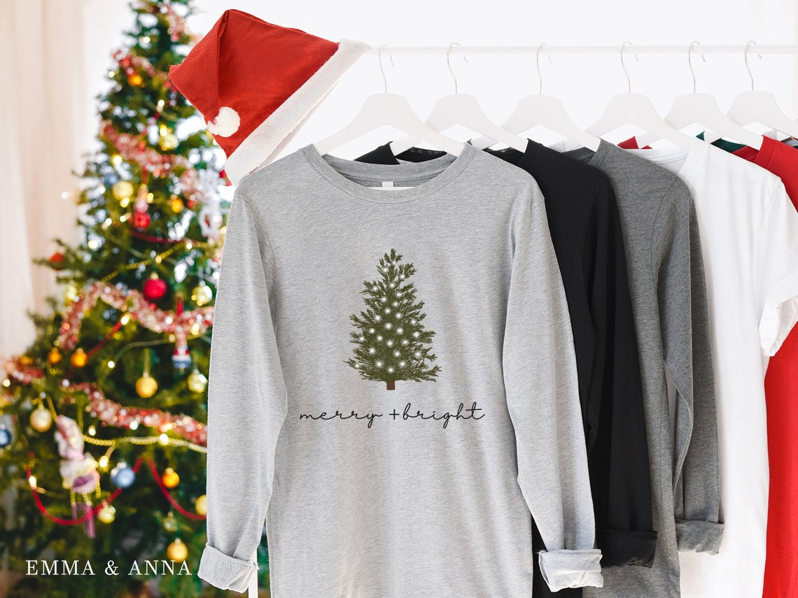 Merry and Bright Shirt, Long Sleeve Christmas Shirt, Christmas Tree Shirt, Christmas T-Shirt, Christmas Shirts for Women, Christmas Tee