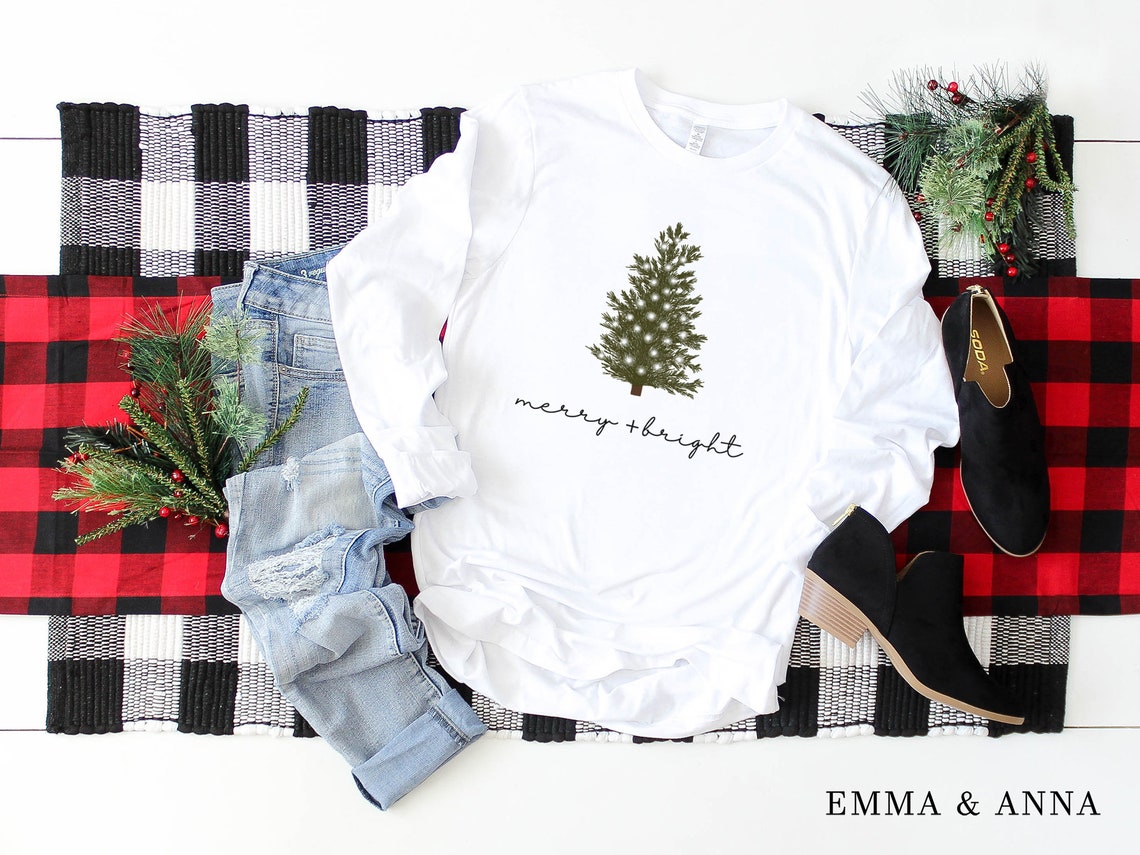 Merry and Bright Shirt, Long Sleeve Christmas Shirt, Christmas Tree Shirt, Christmas T-Shirt, Christmas Shirts for Women, Christmas Tee