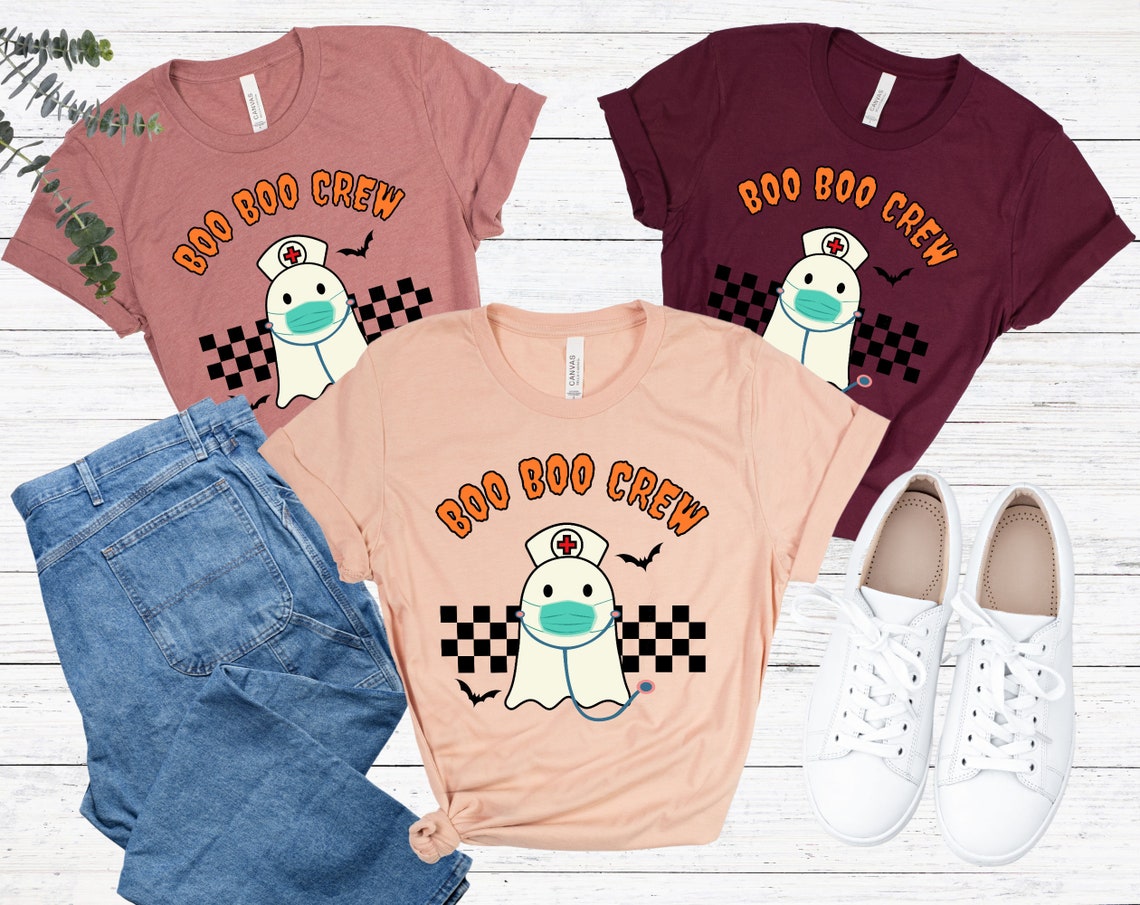 Nurse Halloween T-shirt, Boo Boo Crew, Cute CRNA ER ICU Pediatric Nicu Ghost Fall Graphic Tee, Gift for Nurse Registered Student Checkered