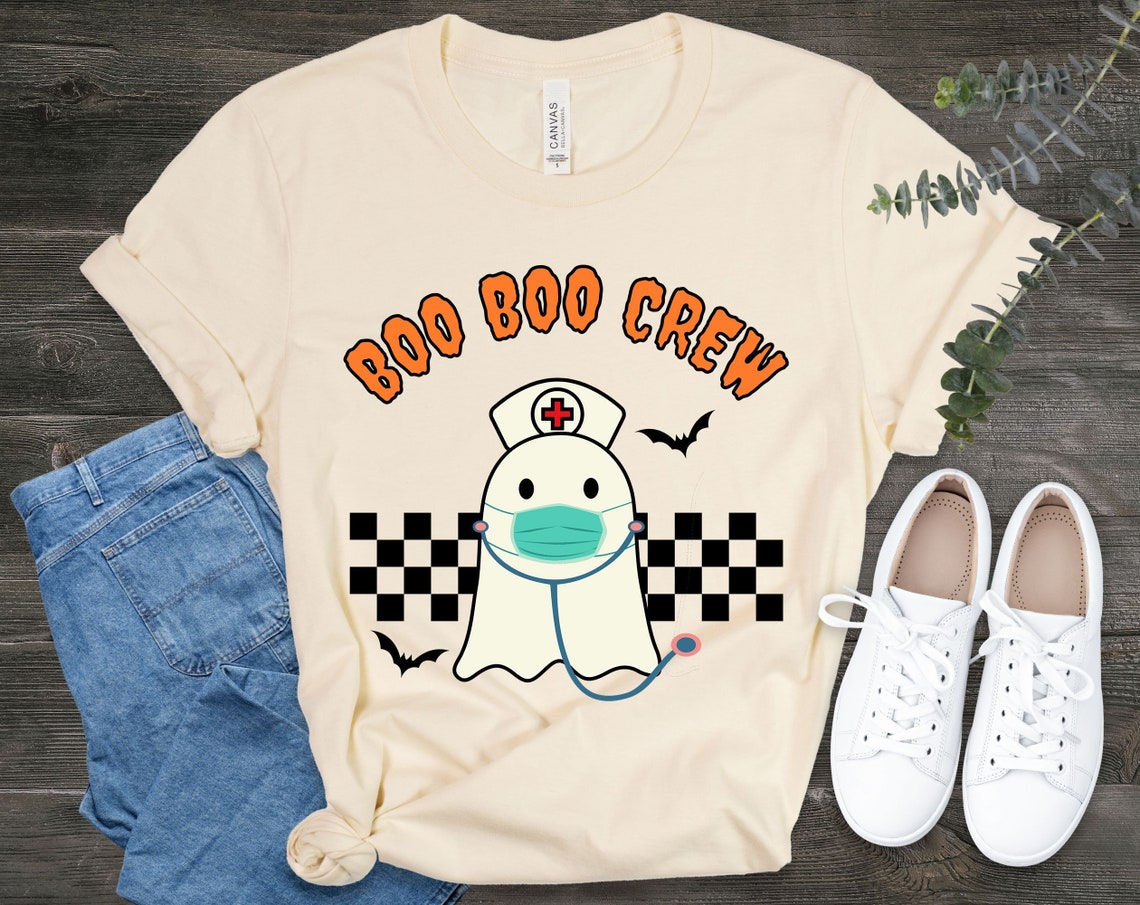 Nurse Halloween T-shirt, Boo Boo Crew, Cute CRNA ER ICU Pediatric Nicu Ghost Fall Graphic Tee, Gift for Nurse Registered Student Checkered