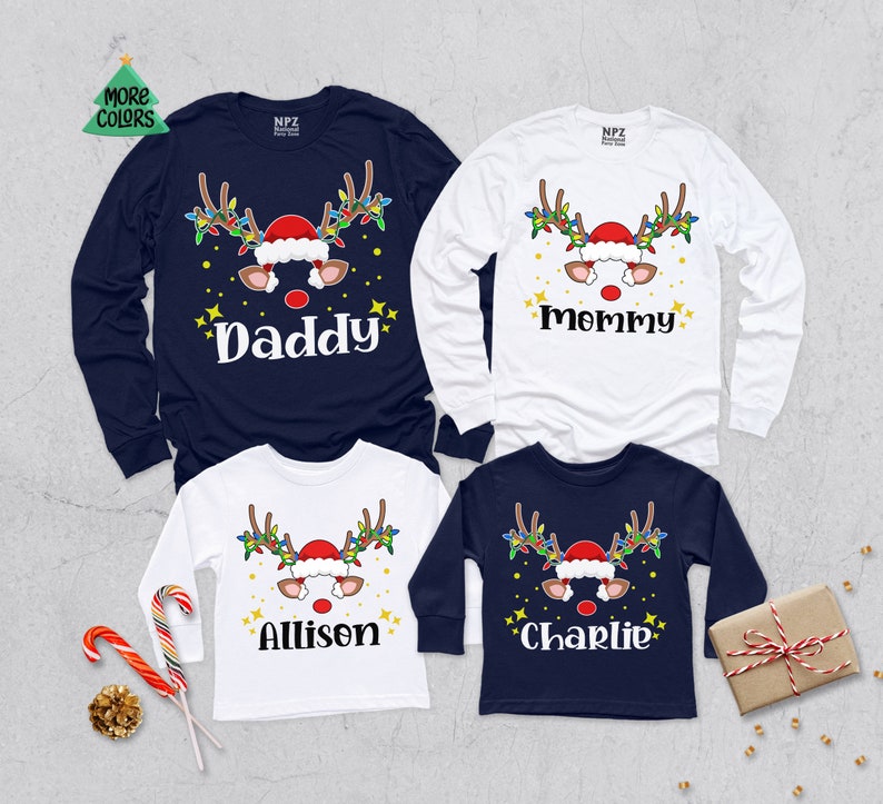 Personalized Santa Deer Matching Family Long Sleeve, Christmas Family Shirt, Funny Deer Christmas Shirt, Custom Merry Christmas Shirt