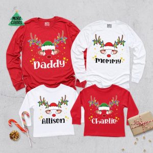 Personalized Santa Deer Matching Family Long Sleeve, Christmas Family Shirt, Funny Deer Christmas Shirt, Custom Merry Christmas Shirt