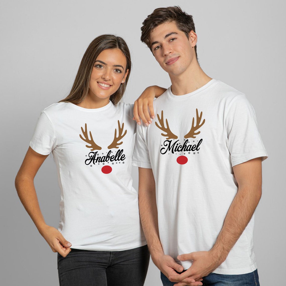 Reindeer Custom personalized customized Your name Tee Shirt Deer Horns Christmas Xmas Present Gift Couple Matching
